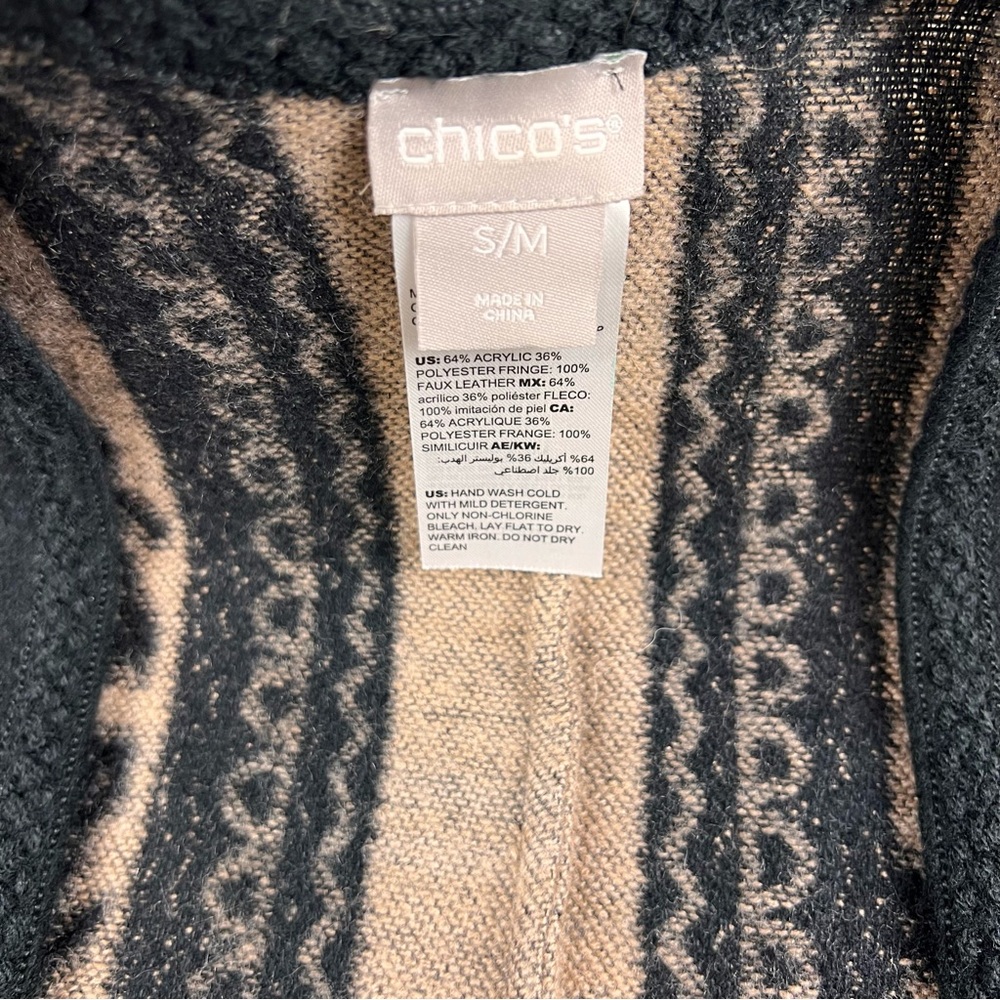 Chico's Black & Tan Fringed Open-Front Patterned Cape - Picture 2 of 7